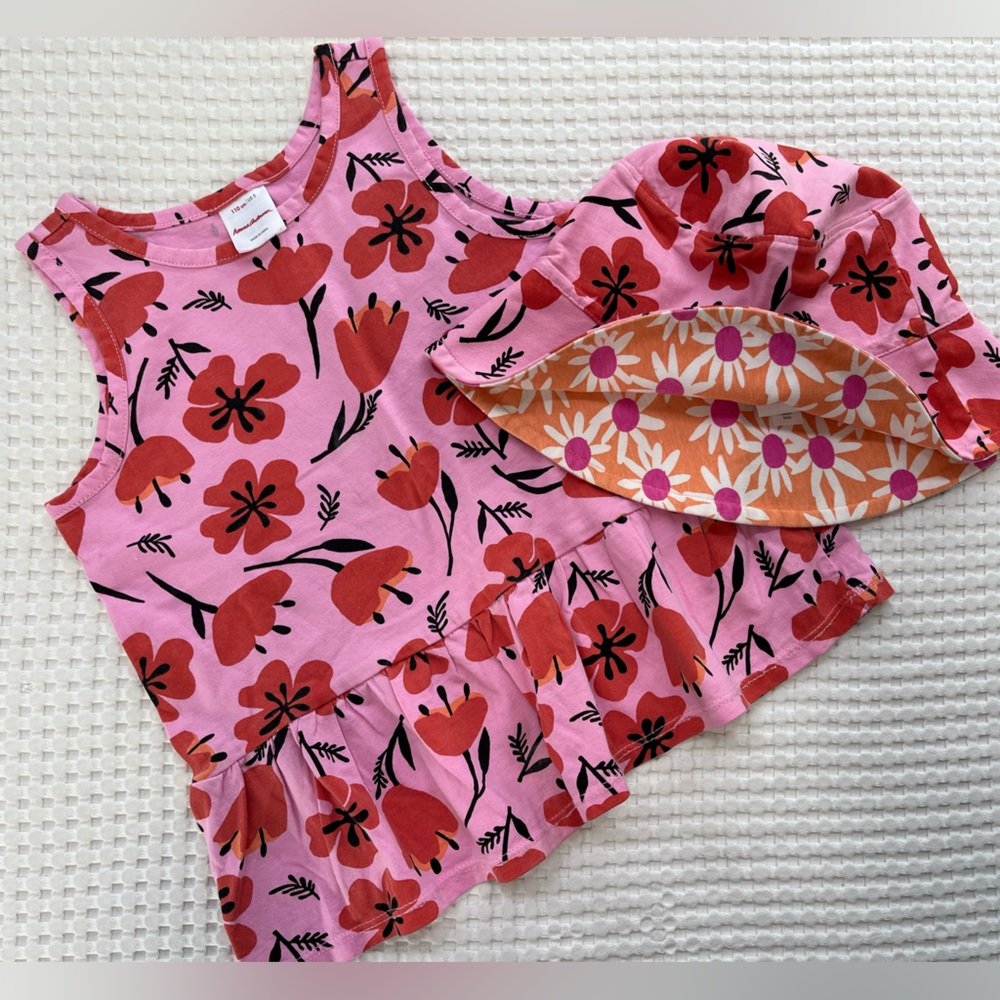 Hanna Andersson || Pink Poppy Print Ruffle Tank with Matching Bucket Hat